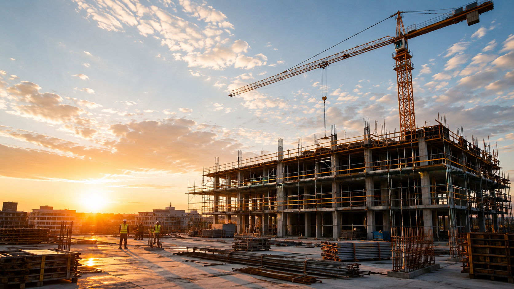 Baustelle mit Baukran im Abendlicht